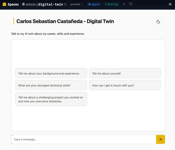 Digital twin chatbot with suggested questions about my career, skills, and experience.